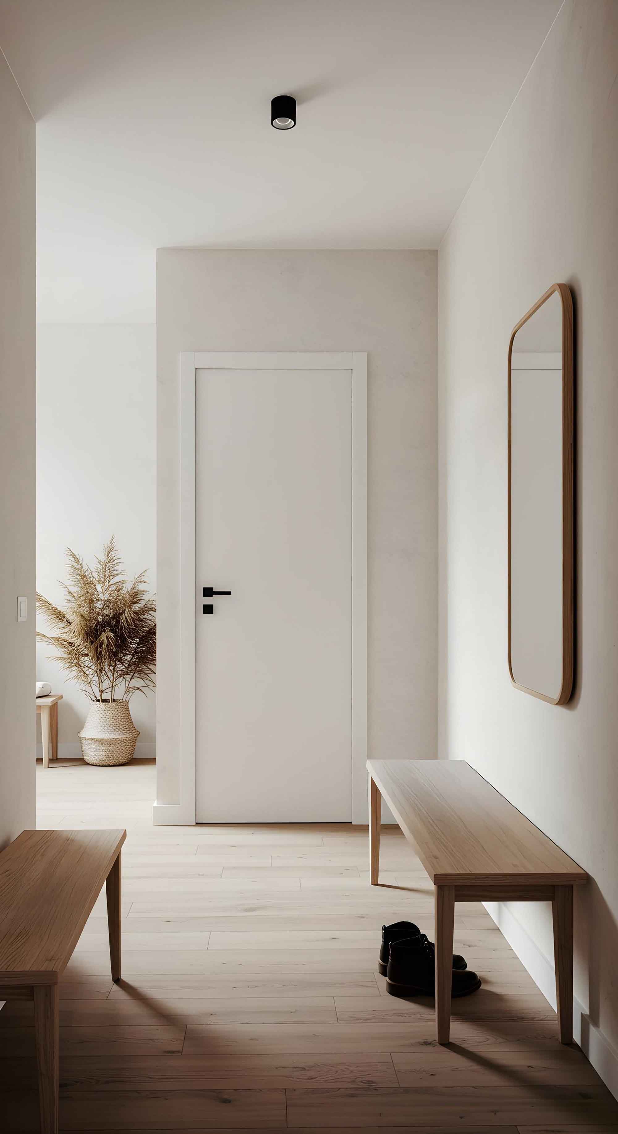 Interior minimalista del pasillo con banco de madera y espejo en torremolios